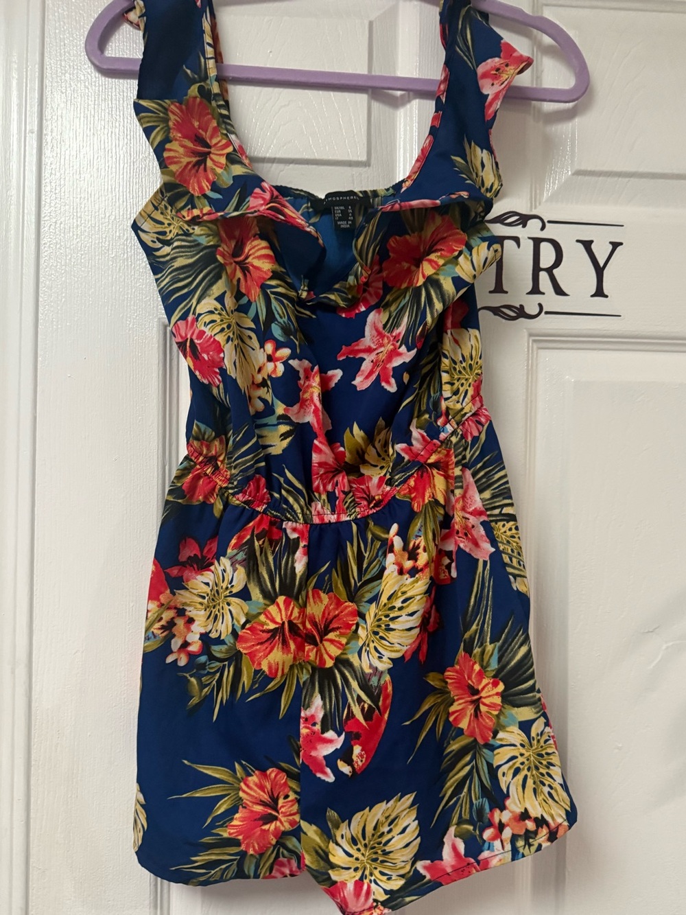 Floral Navy Summer Romper with Ruffle Neckline